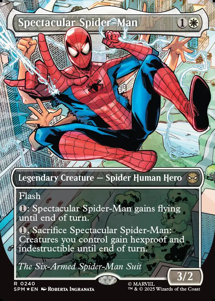 (英)【テクスチャーFoil】スペクタキュラー・スパイダーマン / Spectacular Spider-Man ★ボーダーレス★(「コスチューム・チェンジ」カード(Six Arms)) 【SPM】 No.240