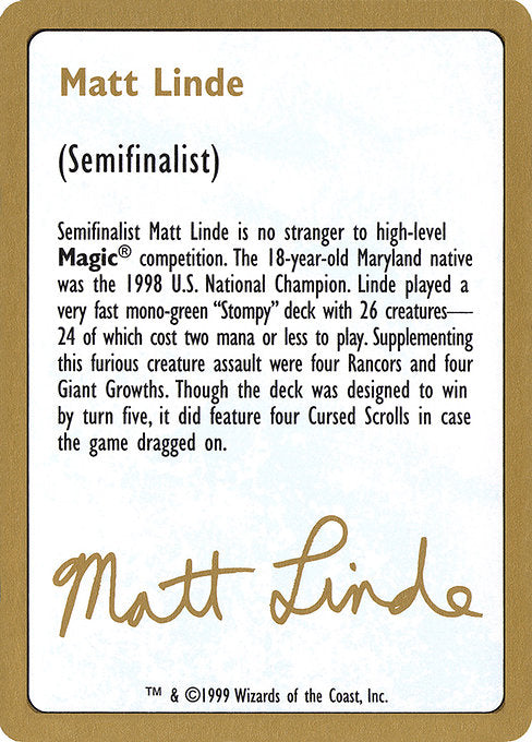(英)紹介カード Matt Linde【WC99】 World Championship Decks 1999 Matt Linde 金枠 No.105