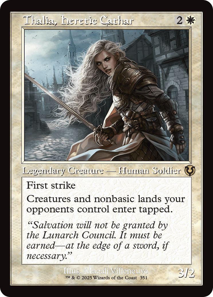 (英)【Foil】異端聖戦士、サリア / Thalia, Heretic Cathar ★ショーケース枠★(旧枠加工カード) 【INR】 No.351