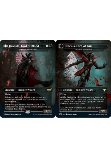 (英)【Foil】血の王、ドラキュラ / Dracula, Lord of Blood - コウモリの王、ドラキュラ / Dracula, Lord of Bats[ヴォルダーレンの投血士 / Voldaren Bloodcaster - 血コウモリの召喚士 / Bloodbat Summoner] ★ボーダーレス★(ドラキュラシリーズ・カード) 【VOW】 No.338