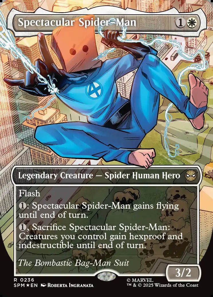 (英)【テクスチャーFoil】スペクタキュラー・スパイダーマン / Spectacular Spider-Man ★ボーダーレス★(「コスチューム・チェンジ」カード(Bag-Man)) 【SPM】 No.236