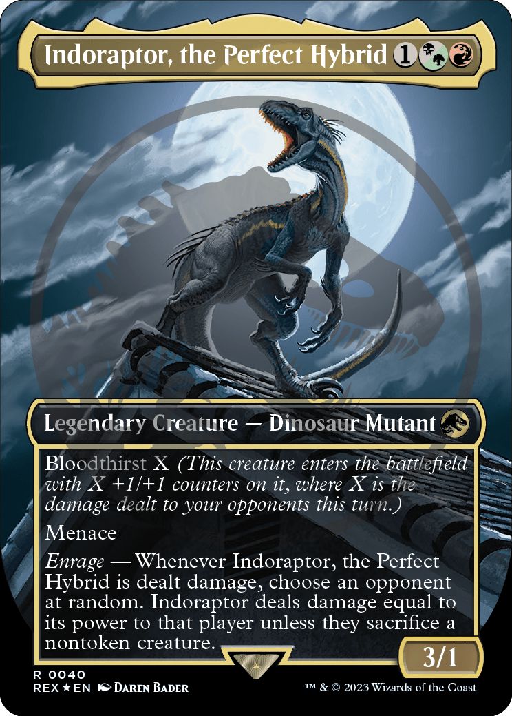 (英)【Foil】究極のハイブリッド恐竜、インドラプトル / Indoraptor, the Perfect Hybrid ★ボーダーレス★(「ジュラシック・ワールド」コレクション) 【REX】ロゴ入り版 No.040