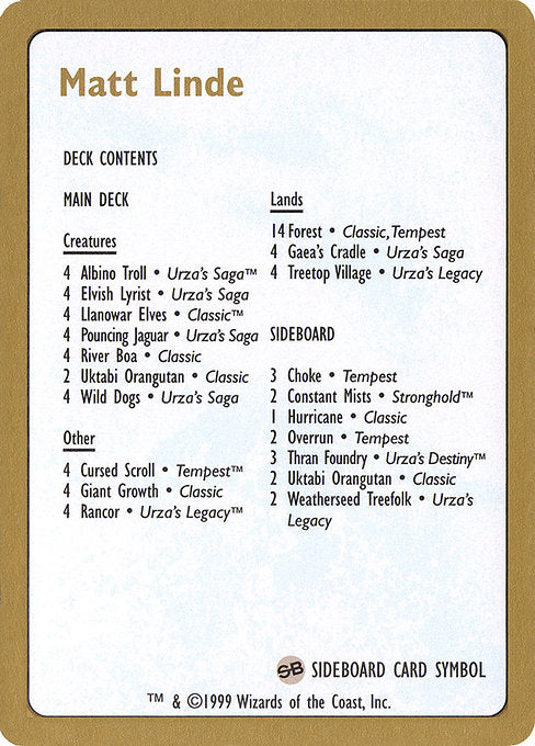 (英)デッキリスト Matt Linde【WC99】 World Championship Decks 1999 Matt Linde 金枠 No.106