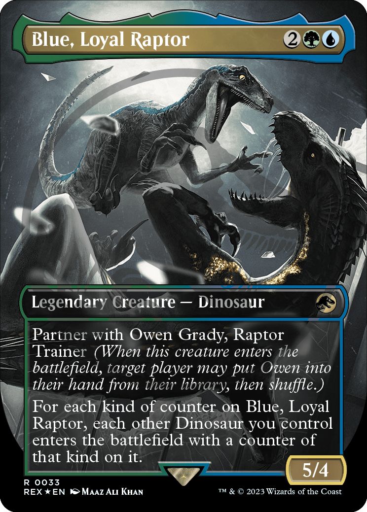 (英)【Foil】忠実なラプトル、ブルー / Blue, Loyal Raptor ★ボーダーレス★(「ジュラシック・ワールド」コレクション) 【REX】ロゴ入り版 No.033
