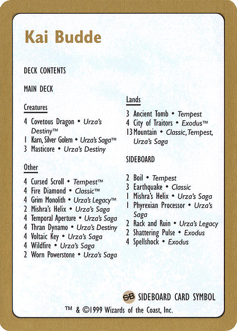 (英)デッキリスト Kai Budde【WC99】 World Championship Decks 1999 Kai Budde 金枠 No.102