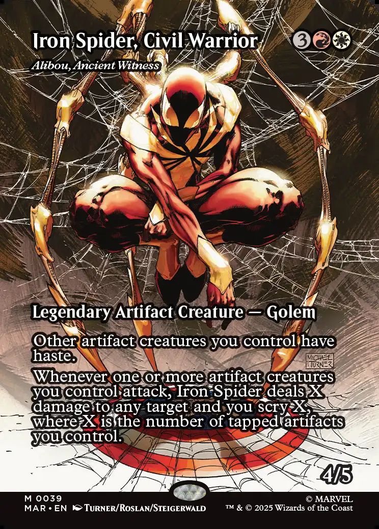 (英)シビル・ウォリアー、アイアン・スパイダー / Iron Spider, Civil Warrior[古代の証人、アリボー / Alibou, Ancient Witness] ★ボーダーレス★(「マーベル・マテリアル」カード) 【MAR】 No.039