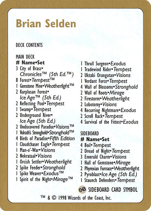 (英)デッキリスト Brian Selden【WC98】 World Championship Decks 1998 Brian Selden 金枠 No.109