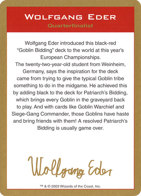 (英)紹介カード Wolfgang Eder【WC03】 World Championship Decks 2003 Wolfgang Eder 金枠 No.137