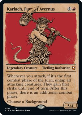 (英)【Foil】アヴェルヌスの憤怒、カーラック / Karlach, Fury of Avernus ★ショーケース枠★(ルールブック・カード) 【CLB】 No.400