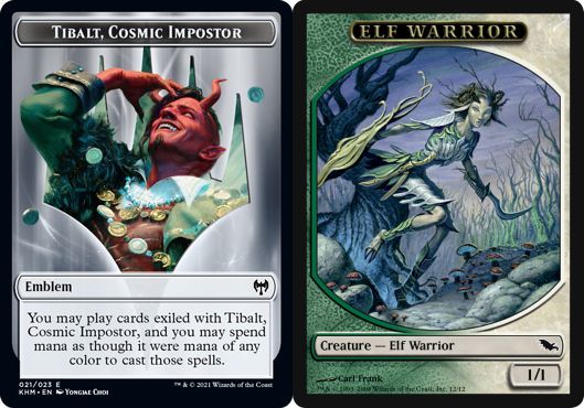 (英)紋章 - 星界の騙し屋、ティボルト / Emblem - Tibalt, Cosmic Impostor No.KHM-021 - エルフ・戦士トークン / Elf Warrior Token【SLD-C23-01】 From Cute to Brute No.SHM-012