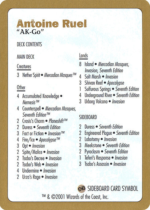 (英)デッキリスト Antoine Ruel【WC01】 World Championship Decks 2001 Antoine Ruel 金枠 No.134