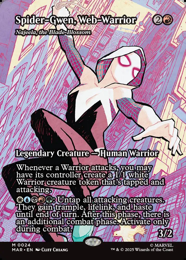 (英)ウェブ・ウォリアー、スパイダー・グウェン / Spider-Gwen, Web-Warrior[刃を咲かせる者、ナジーラ / Najeela, the Blade-Blossom] ★ボーダーレス★(「マーベル・マテリアル」カード) 【MAR】 No.024